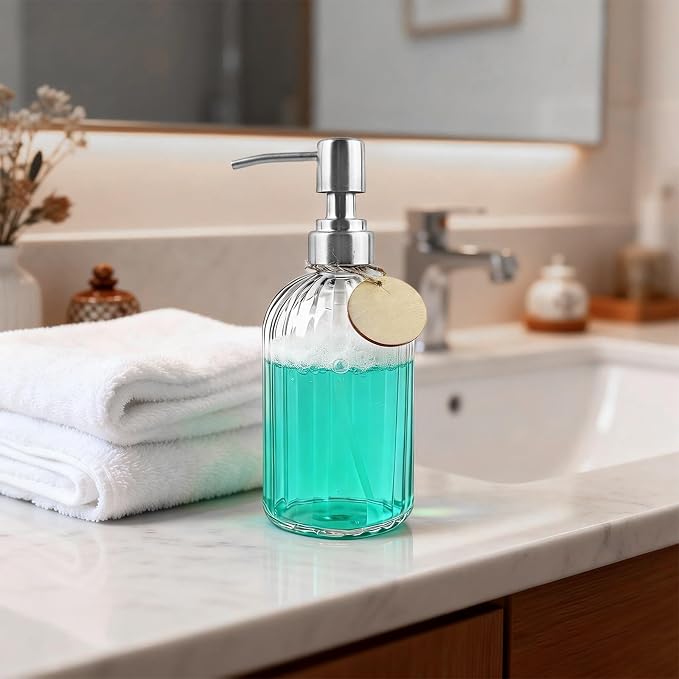 40 Pack Soap Dispenser Set with Stainless Steel Pump, Clear Glass Pump Dispenser, 18 Oz Refillable Empty Bottles for Hand Soap, Dish Soap, Shampoo&Conditioner, Kitchen Sink and Bathroom Decor.