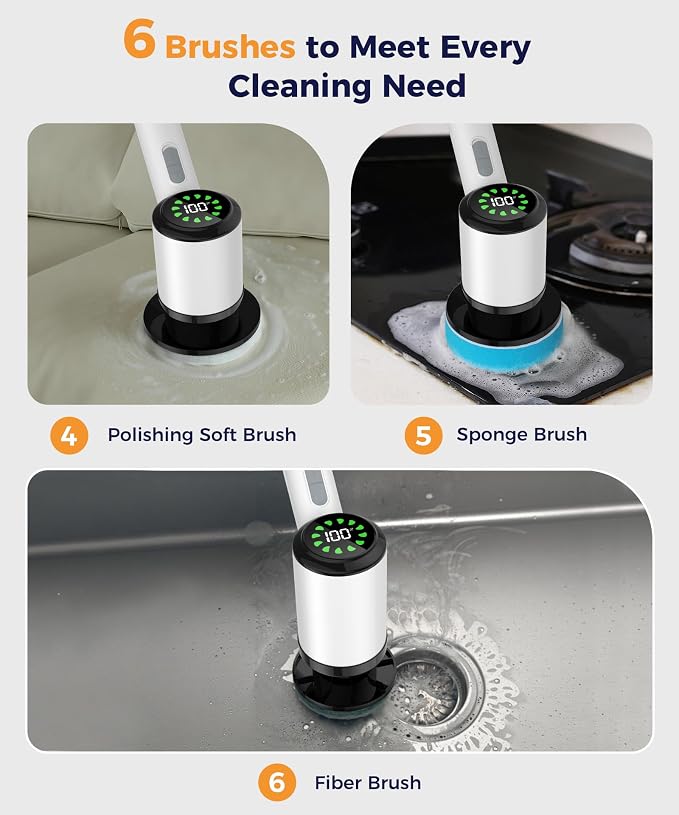 Cordless Electric Spin Scrubber, 6 Brush Heads, Long Handle | Power scrubber, adjustable long handle, IPX7 rated body, lightweight grip, bathroom, kitchen, tile, grout, tub, shower, floor