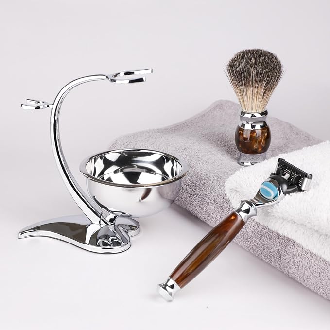 Luxury Shaving Kit for Men,Includes Badger Hair Brush,Wet Shave Soap Bowl and Safety Razor Compatible with 5-Layer Blade,Barber Style 4-Piece Gift for Men-Smooth and Close Shaving