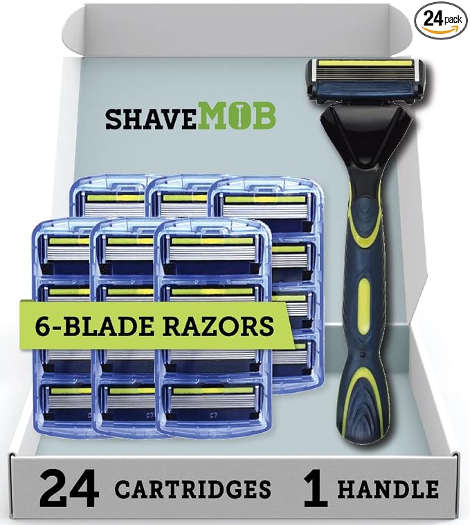 ShaveMOB 6-Blade Men's Razor Kit (Flex Head Handle + 24 Refills) (No Trimmer)- The Caveman Shaving Kit