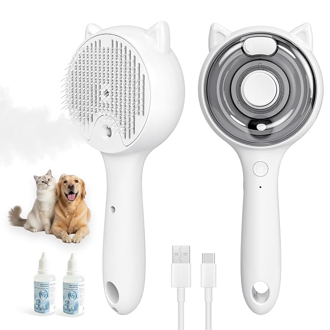 Steam Pet Grooming Brush for Cats & Dogs, Spray Silicone Deshedding Brush Reduces Shedding & Static, One-Click Fur Removal, Rechargeable Cat Dog Grooming Tool(White)