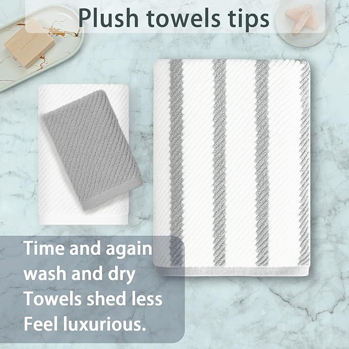 VOOVA & MOVAS Stripe 3PC Towel Set, 100% Cotton, Grey | 1 Stripe Large Bath 30x54 In,1 White Hand 18x28 In,1 Grey Washcloth 13x13 In, Quick Dry, Thick, Dorm Room Essentials