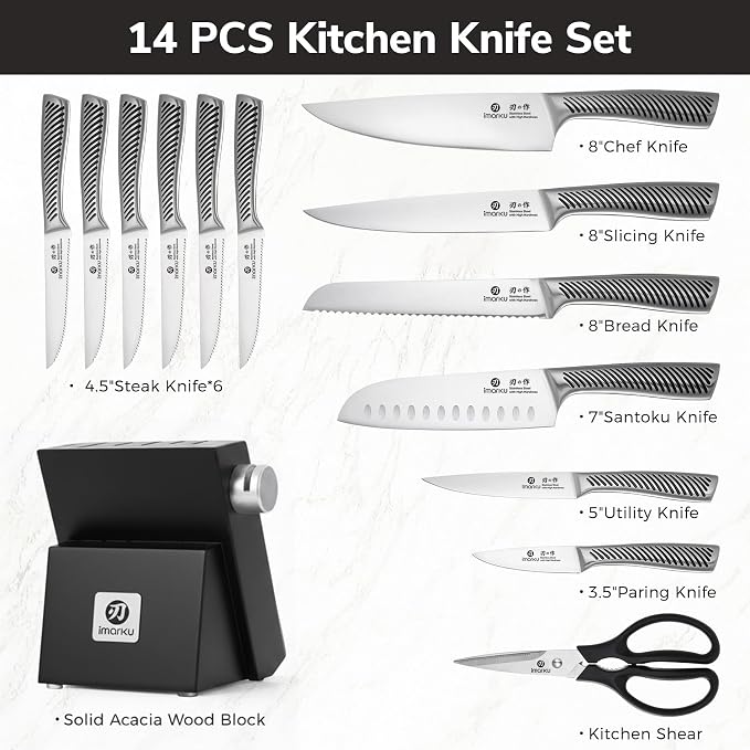 Imarku 14-Piece Japanese Gyutou Stainless Steel Knife Set with Block | 15° Precision Edge | 56±2 HRC Hardness | Full-Tang Build for Perfect Balance | Built-in Sharpener for Easy Maintenance