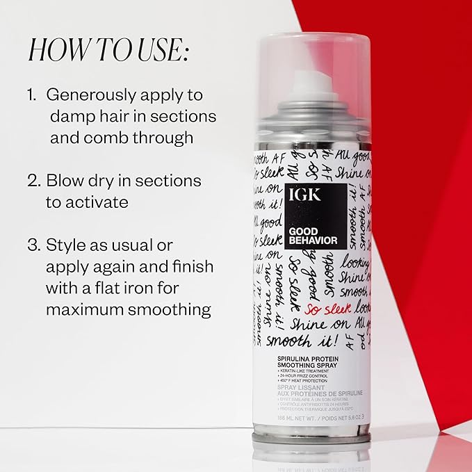 IGK GOOD BEHAVIOR Spirulina Protein Smoothing Spray Travel | 4 Day Keratin Like Treatment + Frizz Control + Heat Protectant | Vegan + Cruelty Free | 2.4 Oz