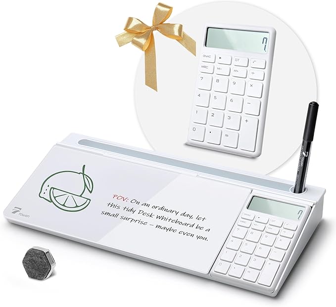 TOWON Desktop Glass Whiteboard with Basic Calculator, 12 Digit LCD Display, Desk Organizers with Accessories for Office, Home, School Supplies, Storage with Dry Erase Board Surface, White, 18'' x 6''