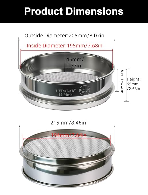 All 304 Stainless Steel 12 Mesh Test Sieve (2.0mm Aperture), 8 Inch/20cm Diameter, Lab Sifter & Sand Screen, Industrial Wire Cloth Strainer for Seeds & Coarse Particles