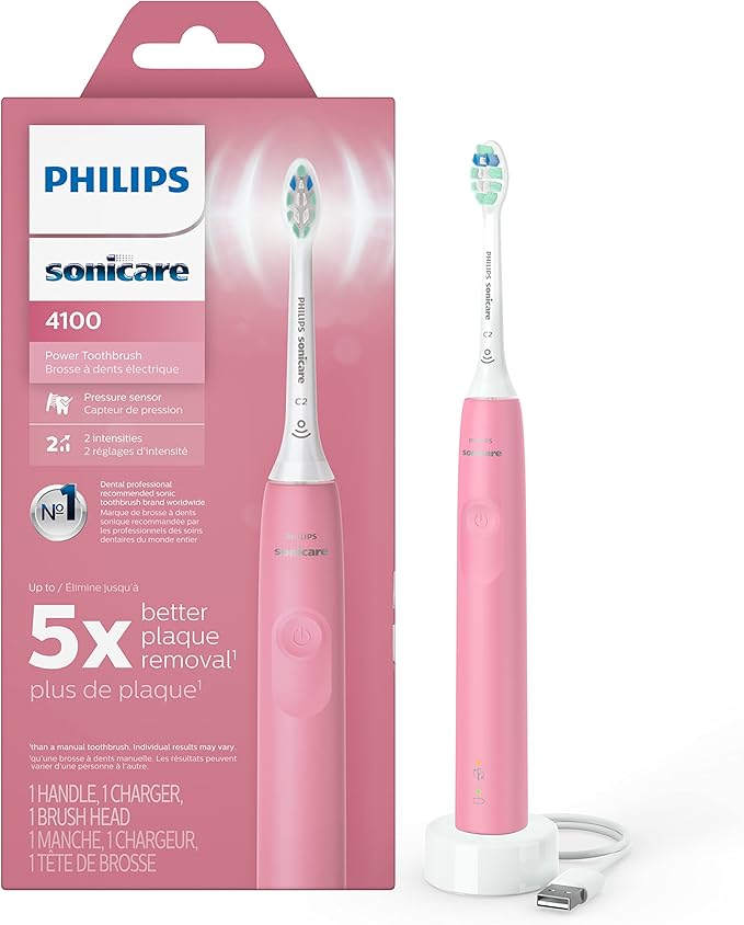 Philips Sonicare 4100 Electric Rechargeable Power Toothbrush, Pink, with Genuine Philips Sonicare Optimal Plaque Control Replacement Toothbrush Heads, White, 3 Pack