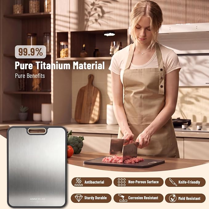 Titanium Cutting Board for Kitchen: Pure Ti & PP 2-Sided Non Toxic | Titanium Metal Chopping Boards for Kitchen: Anti-Slip Light 16oz, 200ml Groove & Grinder for Meats & Veggies