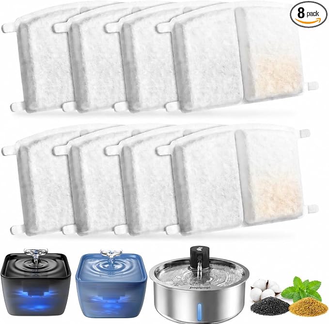 8 Replacement Filters for Stainless Steel Dog Water Fountain, Pet Water Fountain for Large Dogs & Multi-Cats