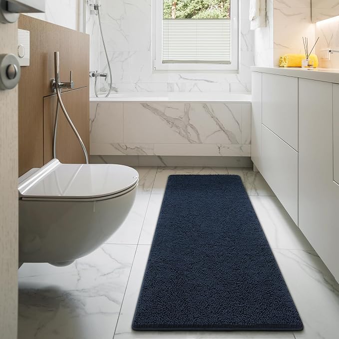 LOCHAS Luxury Bathroom Rug Shaggy Bath Mat 24 x 70 Inch, Navy | Washable Non Slip Bath Rugs for Bathroom Shower, Soft Plush Chenille Absorbent Carpets
