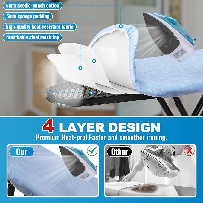 Ironing Board with Silicon Iron Mat Heavy Metal Frame Legs Iron Stand for Home, Laundry Room, Foldable Compact Ironing Board Wall Mount Hanger, Height Adjustable, 13x43in