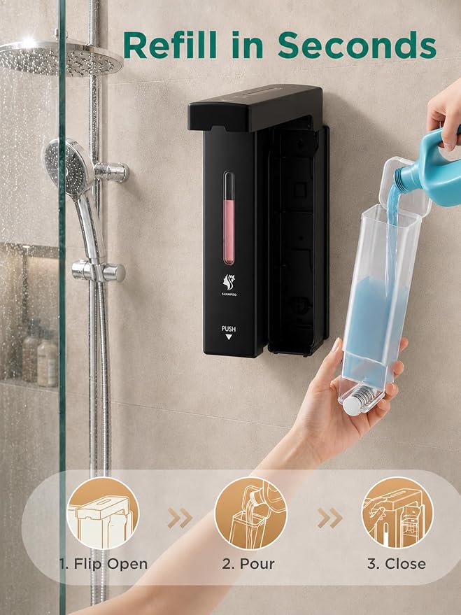 Shampoo and Conditioner Dispenser Wall Mounted, 3-Chamber Shower Soap Dispenser for Bathroom, 1200ML Large Capacity, No-Drill Installation, Clog-Free Pump for Thick Liquids (black-2-pack)
