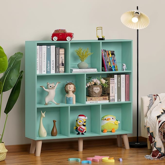 LEYAOYAO 8 Cube Bookshelf, Mid-Century Modern Book Shelf with Legs, Green | 3 Tier Bookcase, Rustic Wood Bookshelves Freestanding Large Storage Organizer, Open Shelves for Bedroom, Living Room, Office