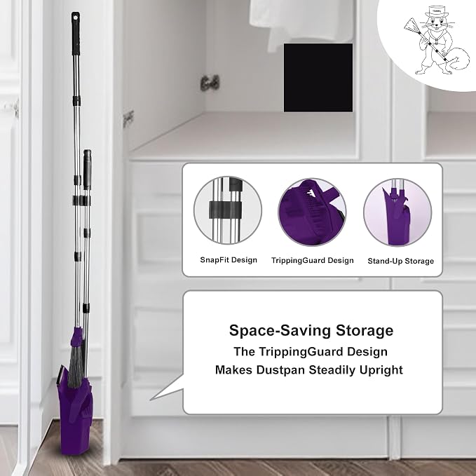 Tiumso Broom with Dustpan Combo Set, Broom and Dustpan Set with 51'' Long Handle, Dust Pan and Brooms, ZeroGap Lip, Self-Cleaning Dustpans Teeth for Lobby Kitchen Restaurant - Purple