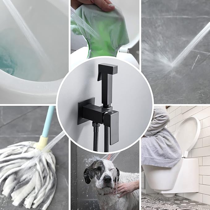 SHAMANDA Warm Water Bidet Sprayer for Toilet with Hot and Cold Brass Rough-in Valve, Stainless Steel Handheld Bidet Attachment Set for Feminine, Pets and Baby Diaper Wash, Matte Black, BDS08-7