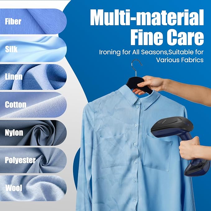 Powerful Handheld Fabric Steamer - 1800W with Fast Ceramic Heat-Up Plate, 2-in-1 Ironing & Wrinkle Remover, Steam Nozzle, Lint Brush - Blue, for US 120V Only