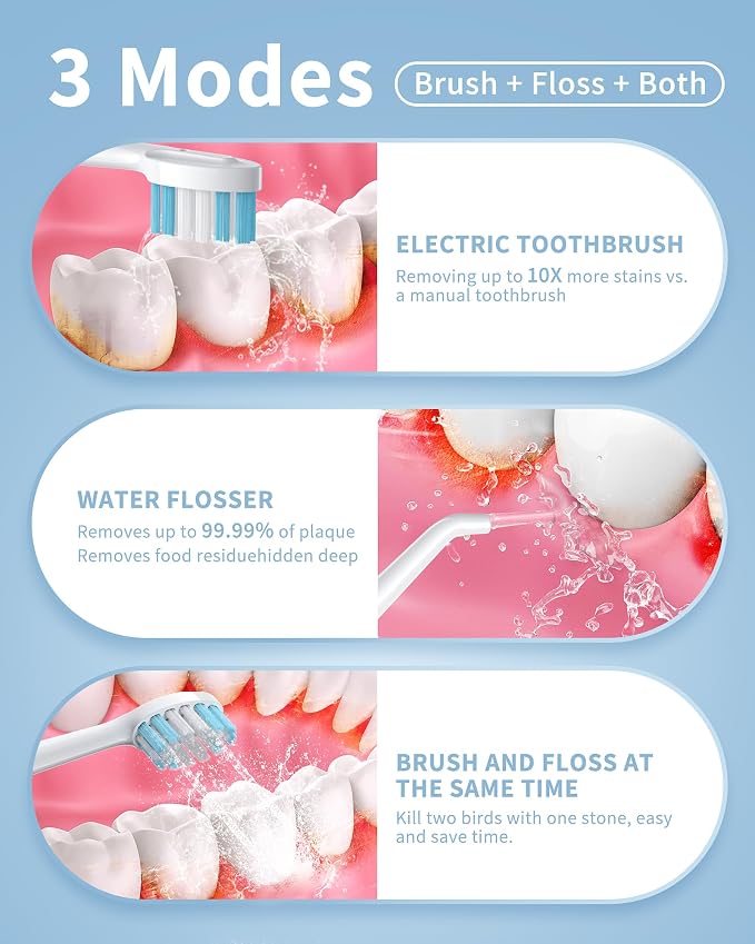 Electric Toothbrush with Water Flosser - 2 in 1 Teeth Cleaning Kit, Electric Toothbrush and flosser Combo with 3 Cleaning Modes, Portable Water flosser Design for Home & Travel (White)