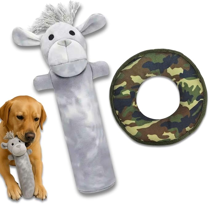 Durable Tough Cotton Canvas Squeaky Dog Toys, Eco-Friendly Interactive 2-Pack Chew Toy Set for Small, Medium & Large Dogs, Labby-Do & Camo Disk