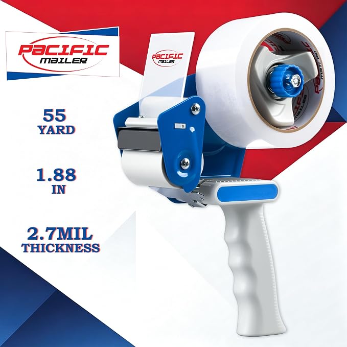 Pacific Mailer 2 Inch Tape Gun Dispenser with 2 Inch Carton Packing Tape, Lightweight Industrial Side Loading Tape Dispenser - Blue