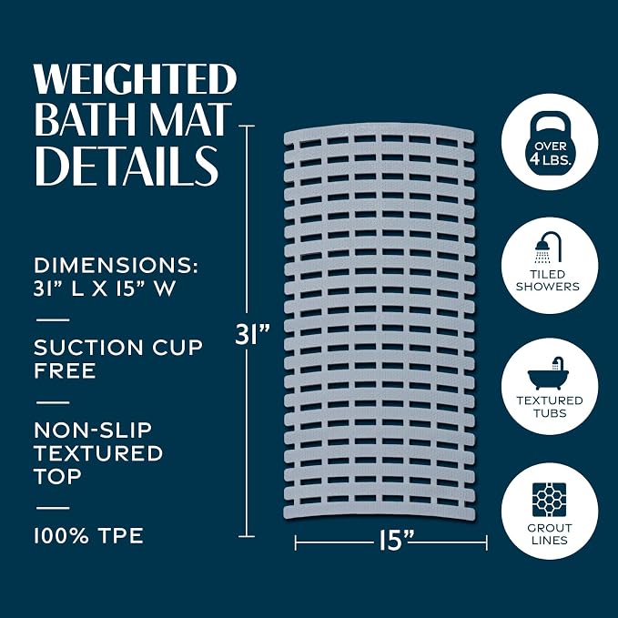 SlipX Solutions Weighted Non Slip Bath Mat for Textured Tub & Shower Surfaces, Patent Pending, Anti Slip Bathtub Safety Without Suction Cups, Doesn’t Float, Works on Tile & Stone 31” x 15”, Gray