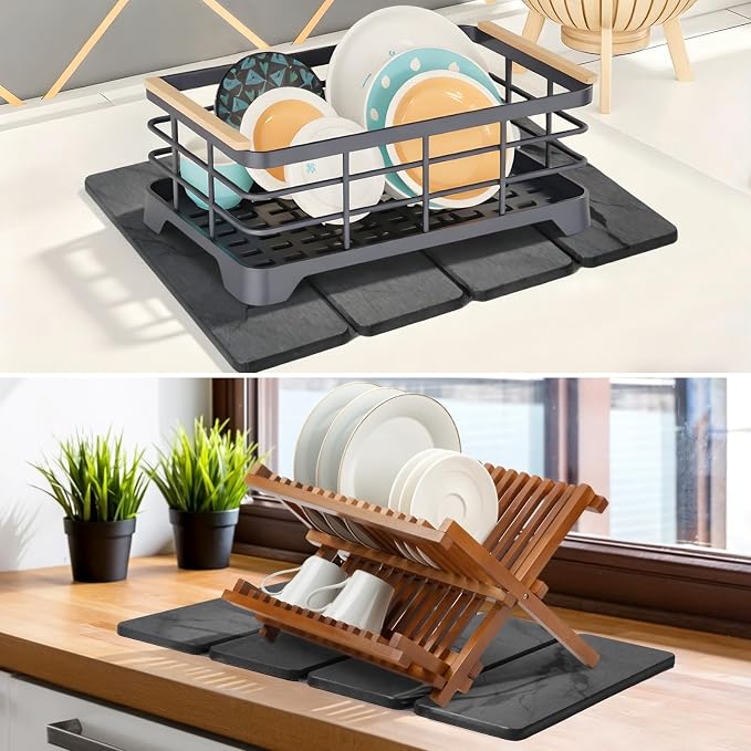 Small Stone Dish Drying Mat for Kitchen Counter, 2 PCS 16"×12" & 8"x4" Quick Dry Stone Mats, Foldable Water Absorbing Diatomite Drying Dish Pad for Countertop Bottles Utensils Cups(Dark Gray Ink)