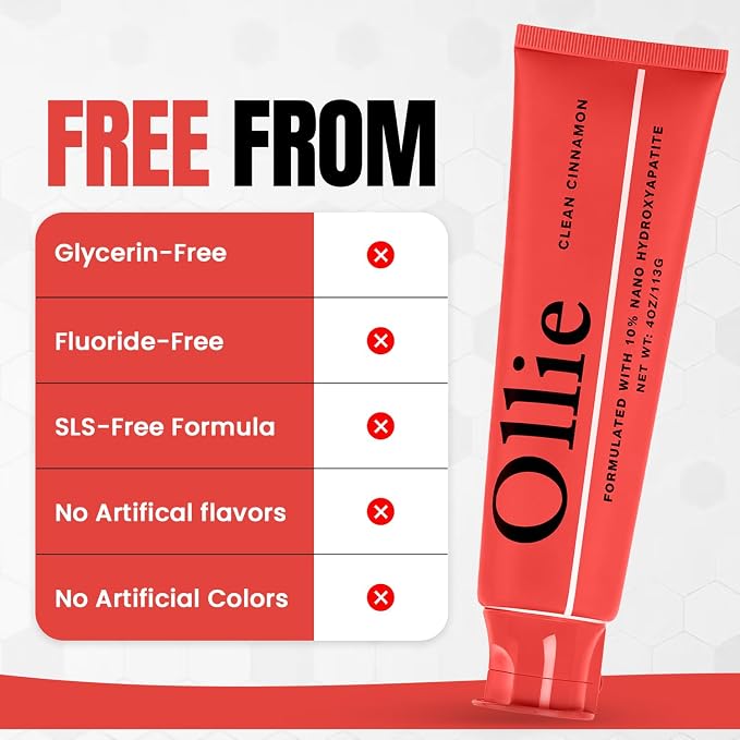 Ollie Fluoride Free 10% Nano Hydroxyapatite Toothpaste, Clean Cinnamon, 4oz | Rod-Shaped Nano HAP, Remineralizes Enamel, Reduces Sensitivity, Reverses Small Cavities, Naturally Whitens Teeth, (Pack of 1)