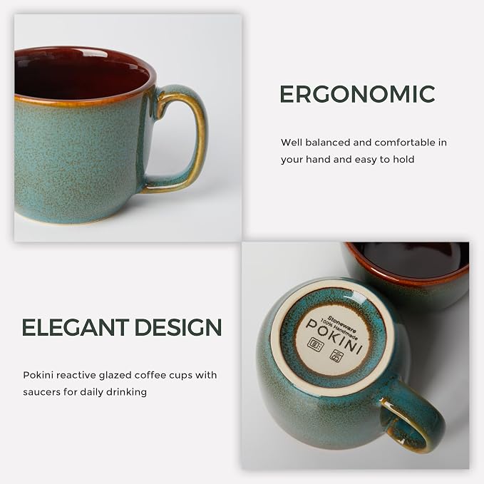 Pokini Stoneware Coffee Cups with Saucers, 6 Oz Cappuccino Cups Set of 4, Microwave & Dishwasher Safe, Perfect For Tea, Espresso, Latte, Ceramic Mugs for Kitchen or Cafe, Brown Green