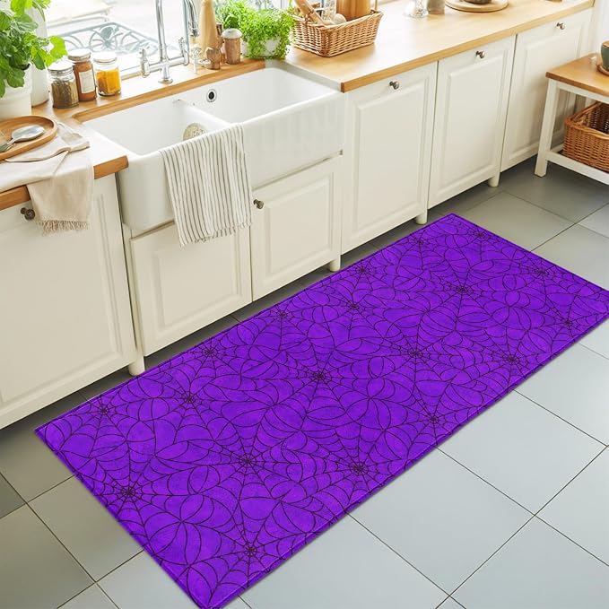 Hallway Runner Rug 2'x6', Purple Halloween Washable Bathroom Area Rugs for Kitchen Bedroom Laundry, Black Spiders Net Classic Gingham Non Slip Door Mat Indoor Entrance Floor Throw Bedsides Carpet