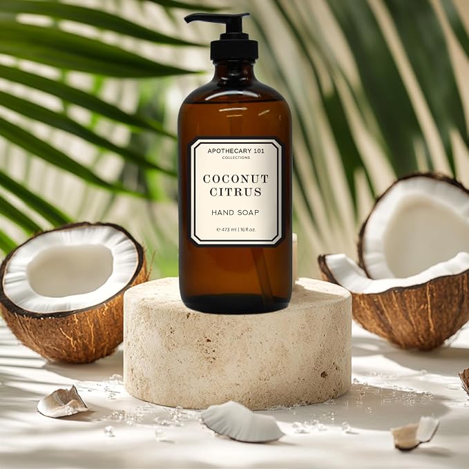 Apothecary 101 Glass Hand Soap Set, Sea Salt Verbena, Huckleberry, Lily Rose, Coconut Citrus, 16 Fl Oz Bottles, Home and Body Company
