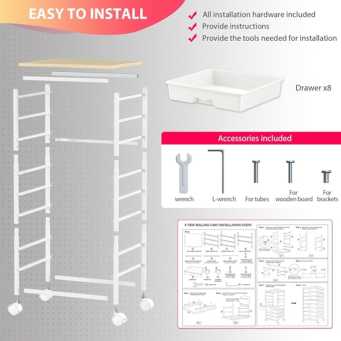 Goovilla Rolling Cart with Drawers, Utility Cart Organizer With 8 Removable Drawers and Wooden Tabletop, Lockable Rolling Storage Organizer for Art, Classroom, Home, Dorm, Office, Craft Storage, White