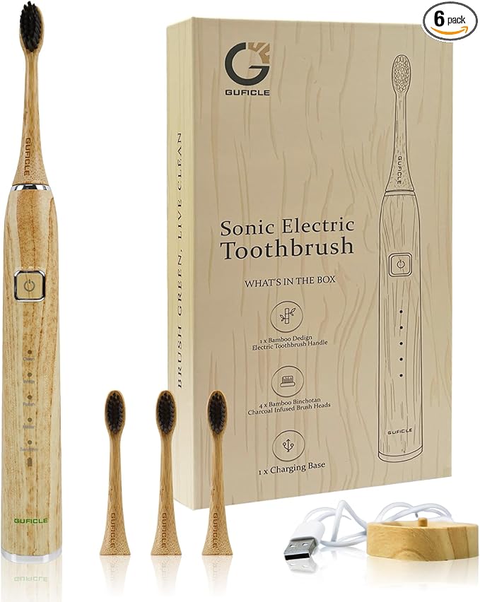 Sonic Electric Toothbrush with Bamboo Heads, Bamboo Electric Toothbrush for Adults, Smart Timer,Sonic Technology 38000 VPM, 4 Replacement Heads, 5 Modes, IPX7 Waterproof, 80-Day Battery Life