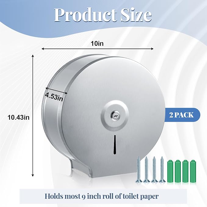 Mifoci 2 Pcs Industrial Toilet Paper Holder Commercial Roll Dispenser Wall Mount Stainless Steel Jumbo Tissue Dispenser Fits 9" Roll Toilet Paper for Office Home Public Places (Silver)