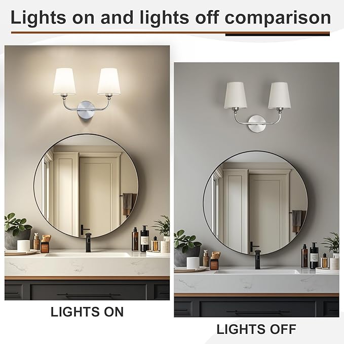Bathroom Light Fixtures, Brushed Nickel Bathroom Vanity Light, 2-Light Lighting Fixtures Over Miror, Modern Wall Sconce with Flared White Fabric Shade, E26 Socket(ETL Listed)