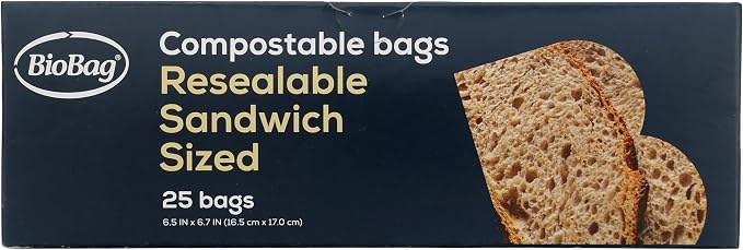 BioBag 100% Certified Compostable Resealable Sandwich Bags, 25 Count, Perfect for Lunches, Snacks, and On The Go Green