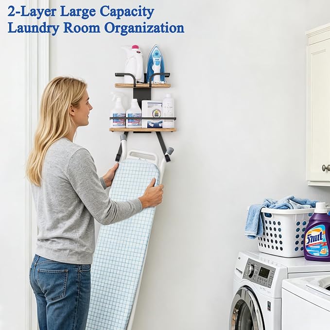 VINAEMO Ironing Board Hanger Wall Mount, 2-Layer Laundry Room Organizer | Iron and Ironing Board Holder for T&Y-Leg Iron Boards, Heavy Duty Laundry Room Storage Shelves, Large Laundry Organization