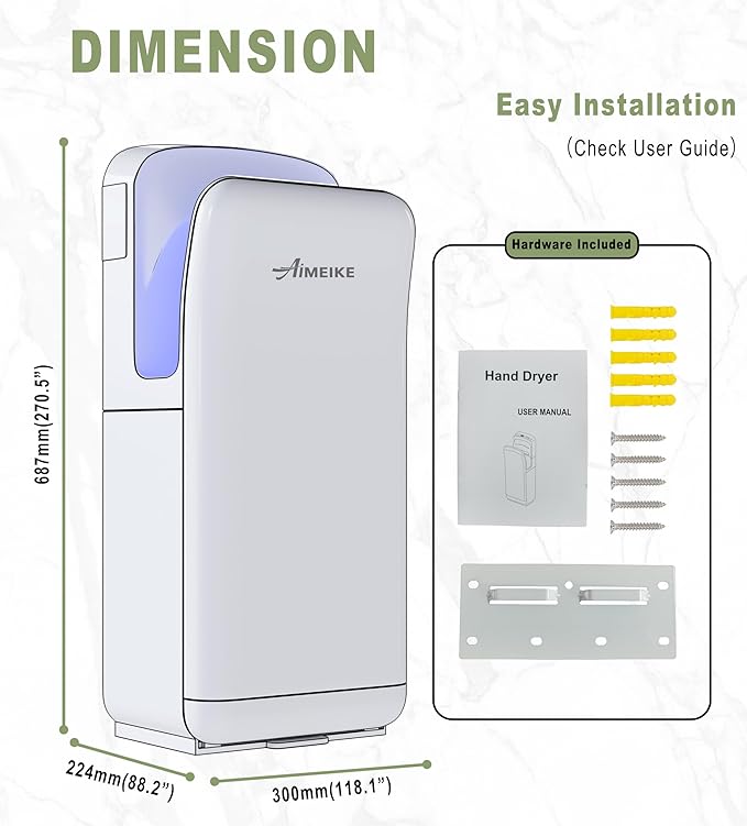 Commercial Hand Dryer, Vertical High-Speed Electric Hand Dryer for Bathrooms, Automatic Touchless Hands-in Hand Dryer for Large Public Restrooms, Offices, Hotels, Schools, White