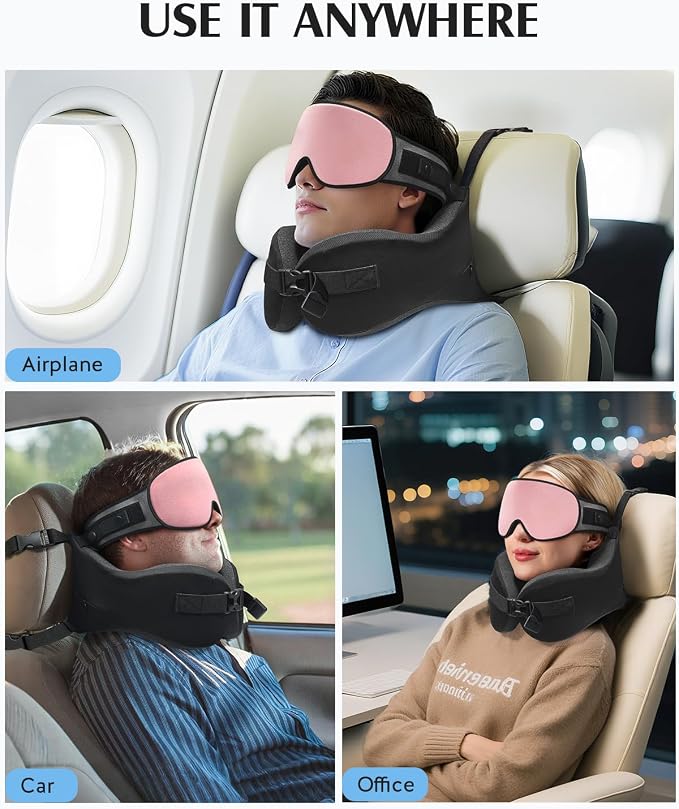 YFONG Travel Pillow for Long Flight Airplanes, Head Strap Combo with 3D Contoured Eye Mask for Sleep, Neck Pillow for Car Trip Essential, 360° Support Memory Foam Headrest, Prevent Head Bobbing, Pink