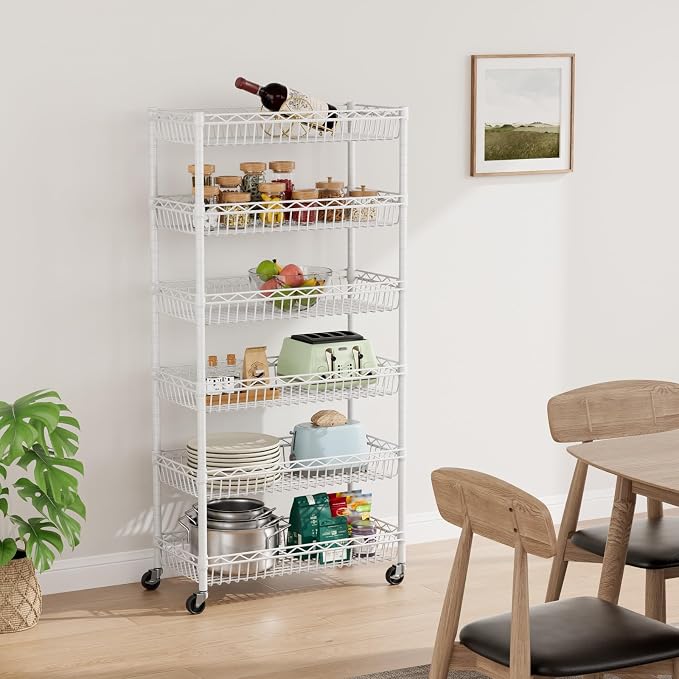 Golpart Basket Shelves Closet Rack with Wheels Metal Pantry Wire Shelf Unit | 6 tier Storage Rolling Shelving Bathroom Organizers Kitchen Garage Laundry Room Organization Home 30"Dx13.6"Wx65"H White