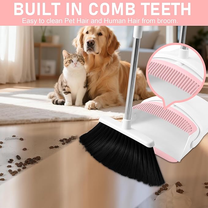 Broom with Dustpan Combo Set for Home, 52-in Long Adjustable Handle Angle Broom and Dustpan Set with Dustpan Comb Teeth for Sweeping Pet Hair Food Dirt Kitchen (White-Pink)