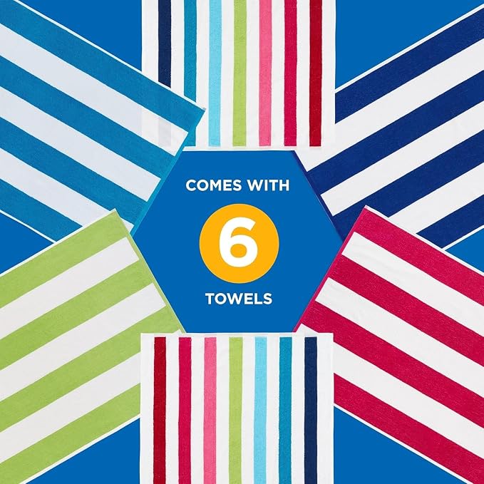 Ben Kaufman Terry Cabana Striped Towels - Oversized Towel for Beach & Pool - Soft Cotton Towels with Absorbent Design - Striped Beach & Pool Towels for Adults & Kids - 6 Pack