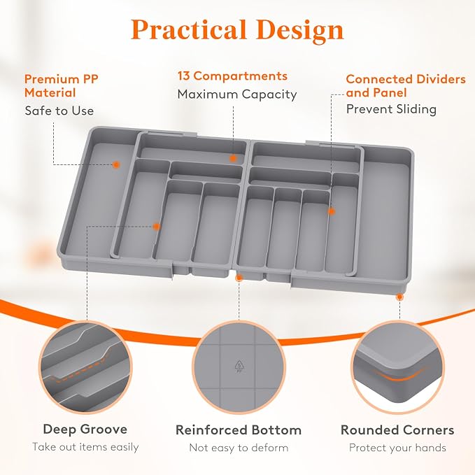 Lifewit Silverware Drawer Organizer, Expandable BPA Free Plastic Utensil Tray for Kitchen, Adjustable Flatware Cutlery Holder for Spoons Forks Knives, 21.3- 36 x 16.9", Gray