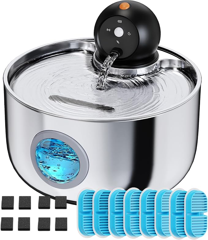 Cordless Cat Water Fountain Wireless: Pet Fountain with 8 Filters 8 Sponges | 2.6L Battery Powered Cat Fountains for Cats Indoor Rechargeable Kitty Water fountain stainless steel with Water Level Window