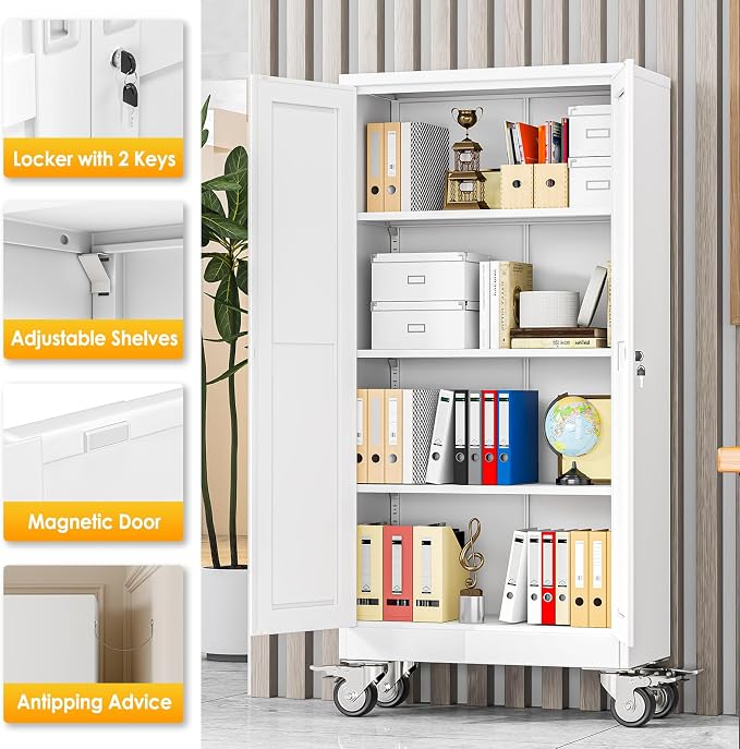 PAOFIN 61''H Metal Garage Storage Cabinet with Wheels,Steel File Cabinets with 2 Doors and 3 Adjustable Shelves for Home Office, Warehouse, Required Assembly,White