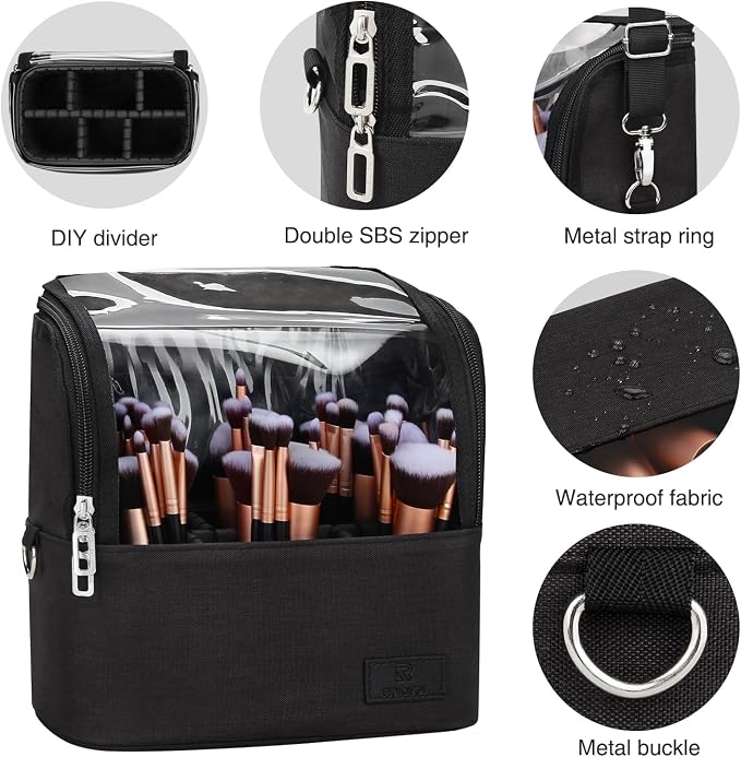 Makeup Brush Bag, Makeup Brush Holder Travel Stand-up Makeup Cup Large Makeup Brush Organizer Case Professional Cosmetic Bag Artist Storage Bag with Adjustable Divider (Large, Black)