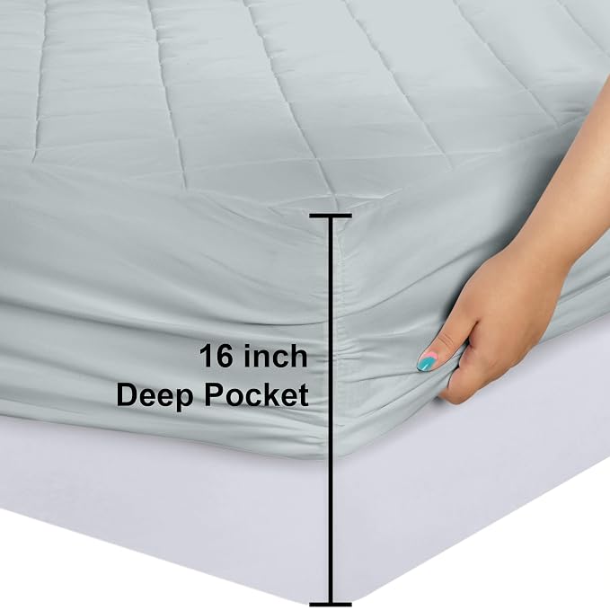Quilted Fitted Mattress Pad, Twin Mattress Protector Topper with Deep Pocket Stretches up to 16 Inches, Machine Washable Mattress Cover by Utopia Bedding (Light Grey)