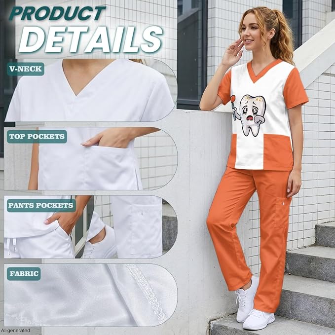 Gomyblomy Women's Scrubs Suit 3-Piece Set | Teeth Print V-Neck Top & Pants & Cap, Breathable and Stretch Fabric, S-5XL