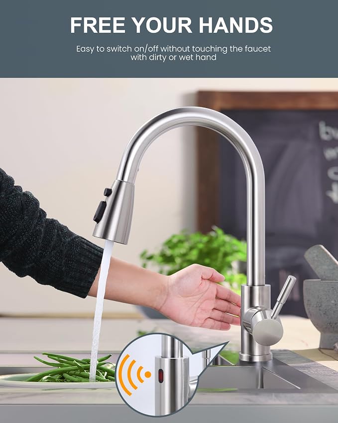 Touchless Kitchen Faucet Stainless Steel: WOWOW Smart Motion Sensor Kitchen Sink Faucet with Sprayer, Stainless Steel Kitchen Faucet for Sink 1 or 3 Hole Brushed Nickel Single Handle Kitchen Tap