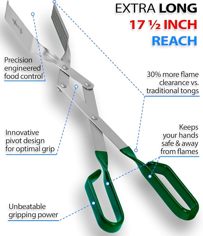 Grill Tongs - 17 inch (Green). Professional steak grilling utensil. Long-reach Barbeque Tong. Ideal for steak, fish, burger, and sausage