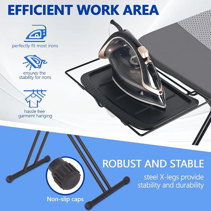 UFETGYG Classic Full Size Ironing Board,Extra Wide Size Full Metal Construction,57" X 18" with Iron Rest, Height Adjustable, Heat & Scorch Resistant Fabric, Anti-Skid Feet, Thickened Padding