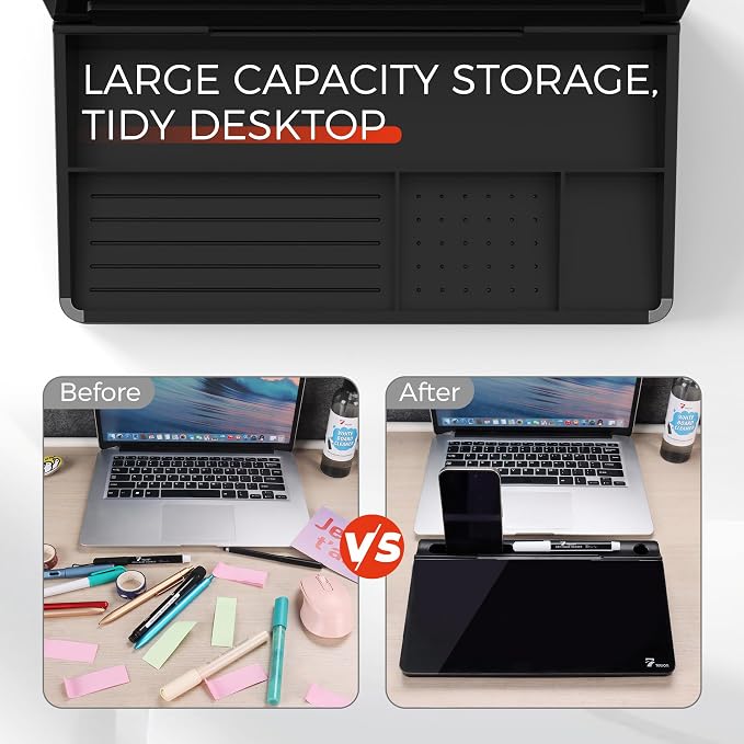 TOWON Small Compact Glass Desktop Whiteboard with Storage – 12 x 7 in Dry Erase Board for Desk, Home Office, School | Includes 5 Markers, Eraser & Holder | Space-Saving Organizer, Aesthetic Black